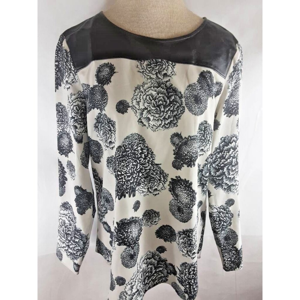 Womens Tunic Top Shirt White Black Floral Long Sleeve Crew Neck Zipper Blouse M